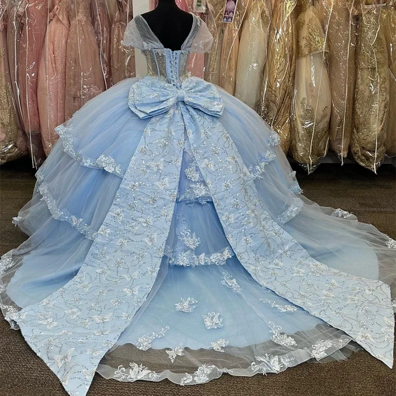 Angelsbridep 2025 Charming Sweetheart Sky Blue Ball Gown Quinceanera Dresses With 3D Butterfly Party Dress Robes De Soirée