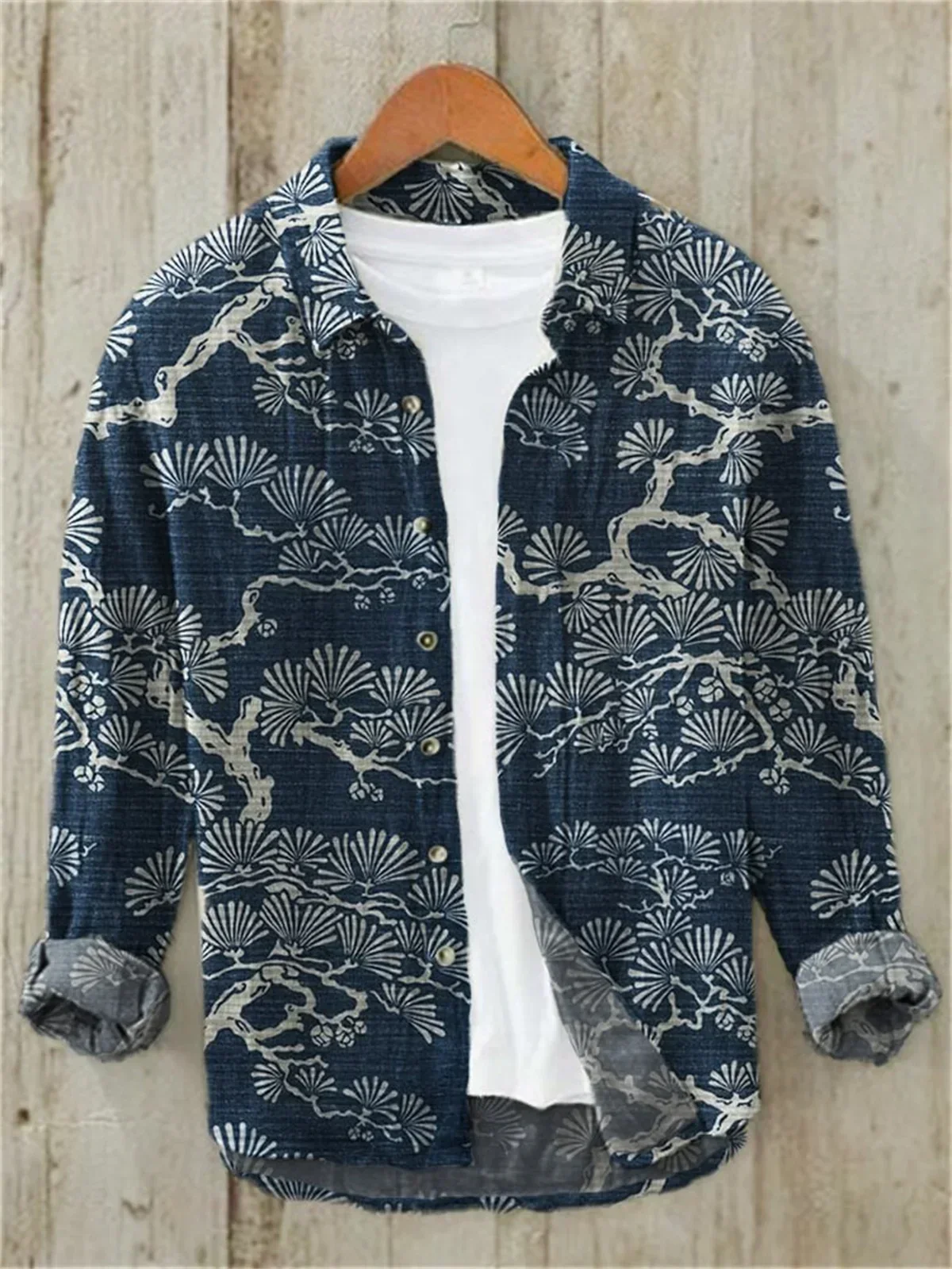 Kanagawa Vintage Linen Blended Cardigan Shirt New Men's 3D Printed Polo Collar Long sleeved Hawaiian Shirt