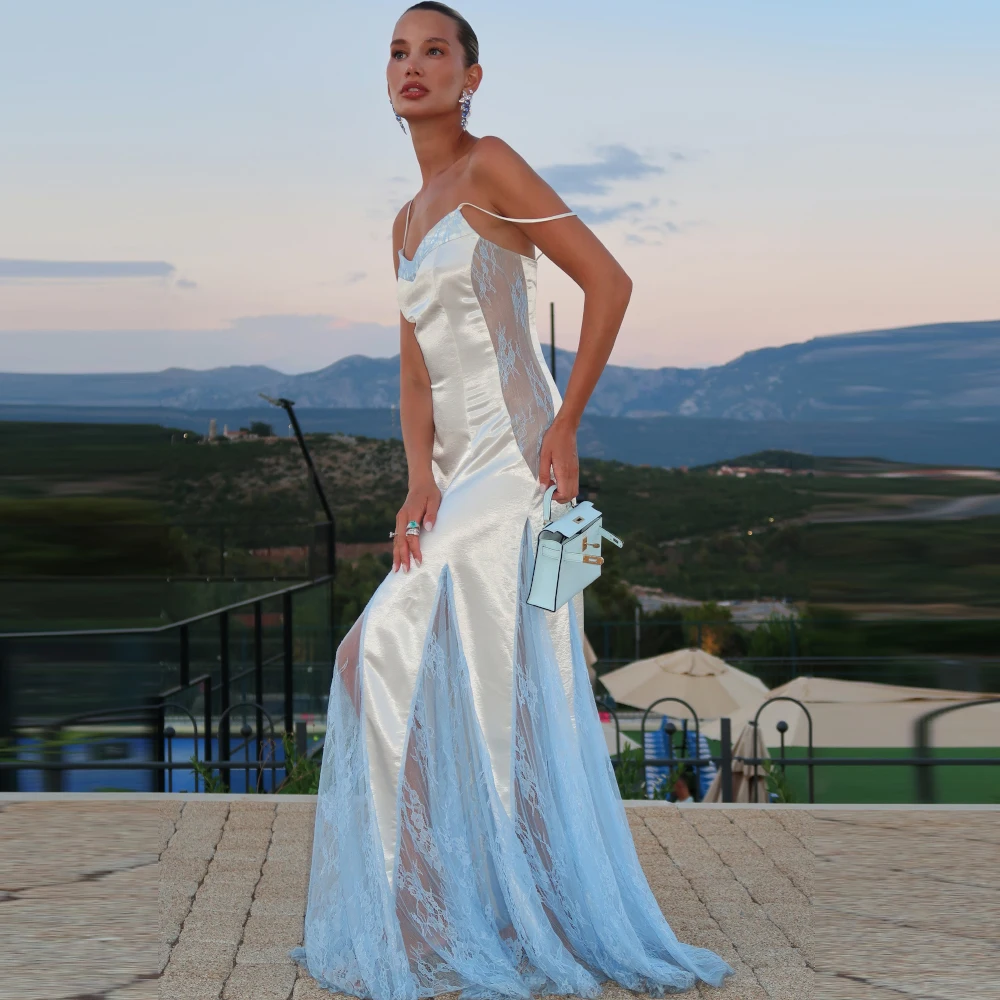 Sexy Spaghetti Straps Evening Dress See Through Lace Customized Celebrity Gowns High Quality Satin Sweep Train Party Dresses