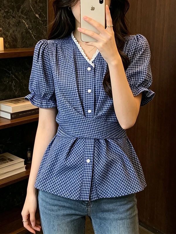 

plus Size V-Neck Lace Splice Short Sleeve Shirt Women Summer New Belt Waist in Slimming Plaid Top Korean Style Commute Wind