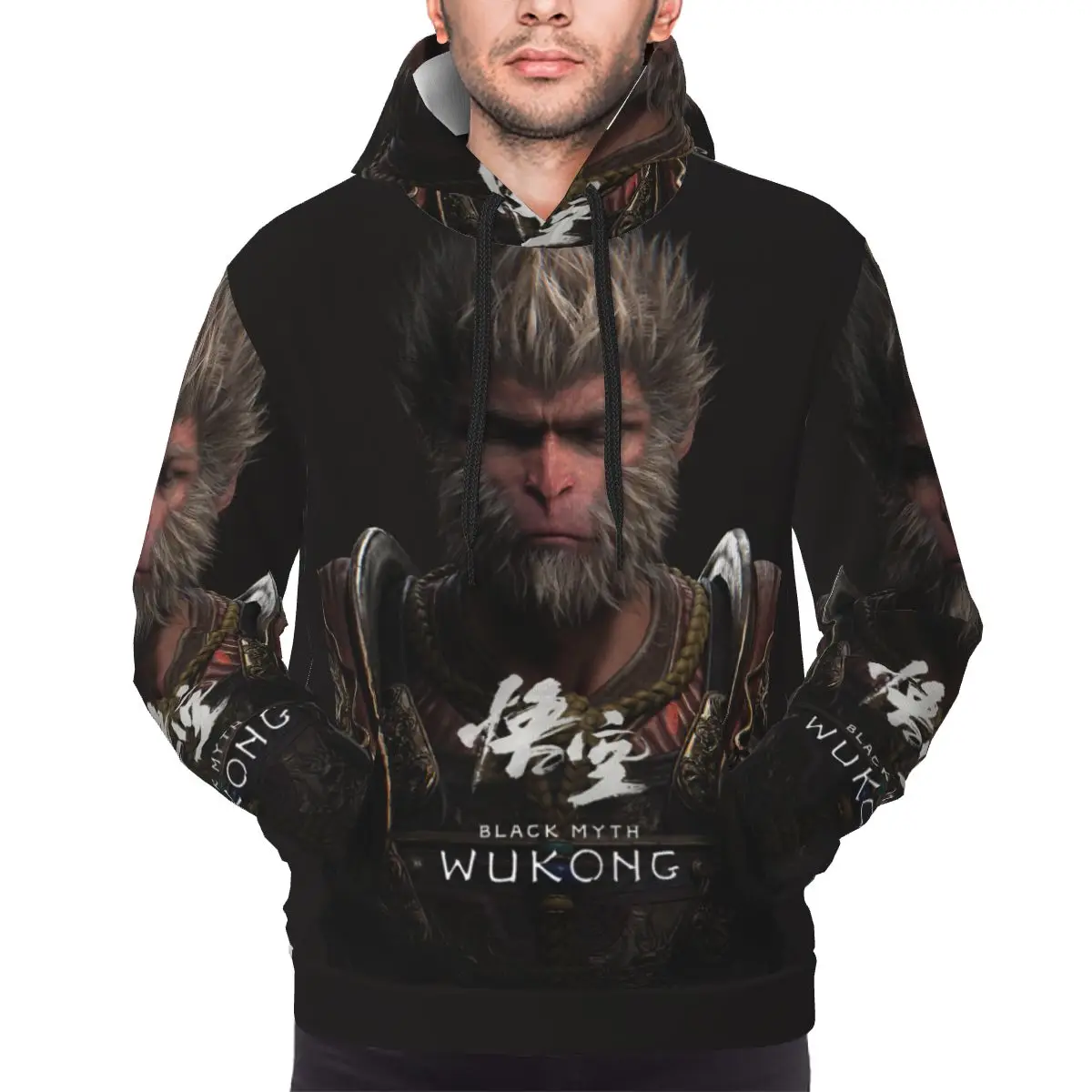 Men Black Myth Wukong Gaming 3D Print Hoodie Hooded Collar Drawstring Hoodies Monkey King Pullover Sweatshirts Long Sleeve Shirt