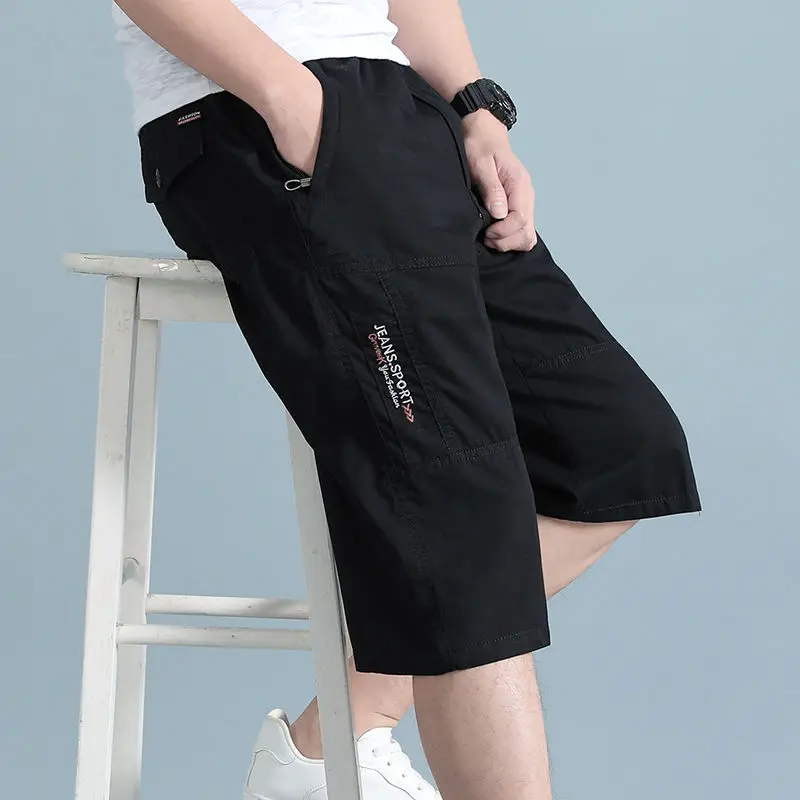 Men Cropped Cargo Shorts Men\'s Casual Sports Pants Zipper Pocket Summer Cotton Shorts Running Jogger Shorts Elastic Waist