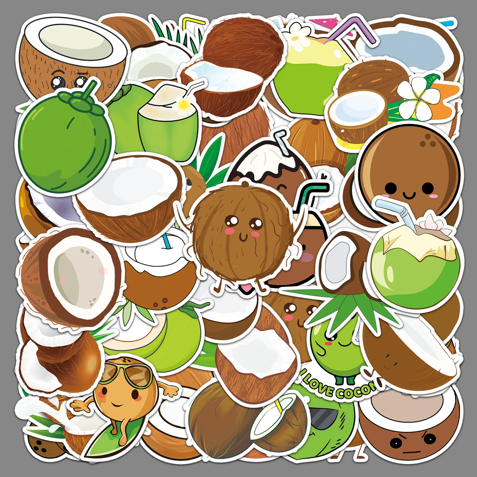 50 coconut cartoon fruit food stickers, summer cute notebook water cup decoration