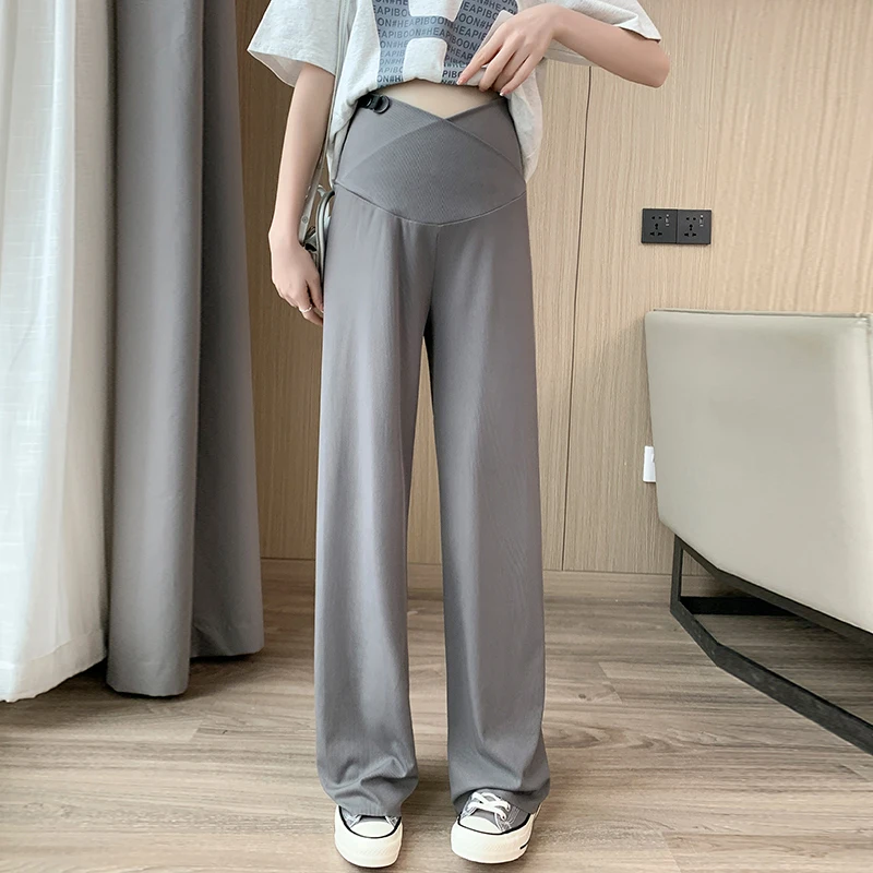 Maternity Woman Wide Leg Loose Straight Trousers Pants Casual Cool Thin Youth Pregnancy Trousers Low Waist Elastic First Pants