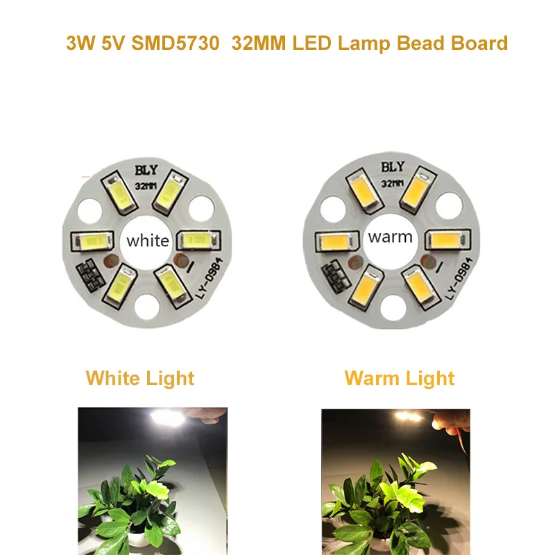 Bombilla de placa de cuentas de lámpara de Color de alto brillo, fuente de luz de transformación redonda, diámetro de 32MM, luz blanca y cálida, 5730SMD, 3W, 5V, 1pc