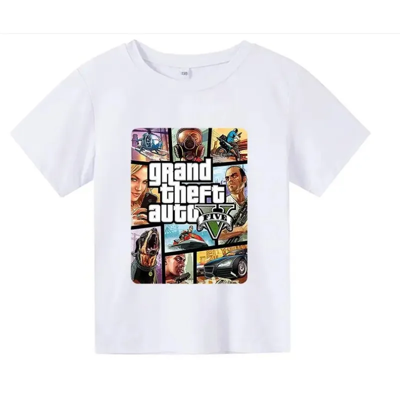 เสื้อยืดลาย GTA 5ในฤดูร้อนเด็กชายสำหรับเด็กผู้หญิงเสื้อยืดพิมพ์ลายสีสันสดใส GTA5สุดเจ๋งสำหรับตลกเสื้อผ้า