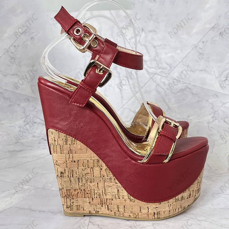 Rontic Handmade Women Gladiator Platform Slingback Sandals Wedges Heels Round Toe Gorgeous Gold Party Shoes US Plus Size 4-15