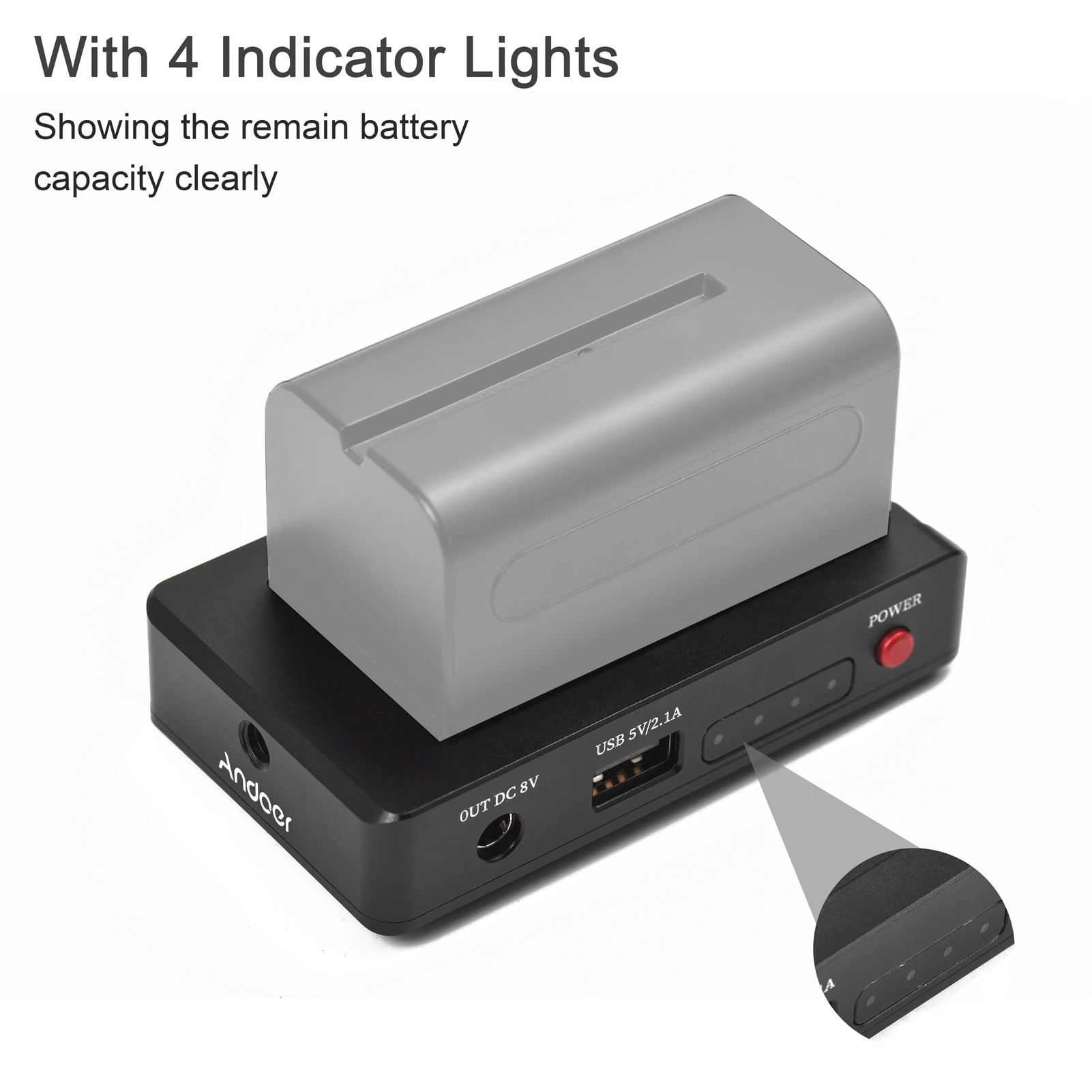 Andoer NP-F Battery Charger Metal Battery Adapter Plate USB DC12V DC8V DC Outputs 1/4In for NP-F970/F950/F930/F770F750/F570/F550