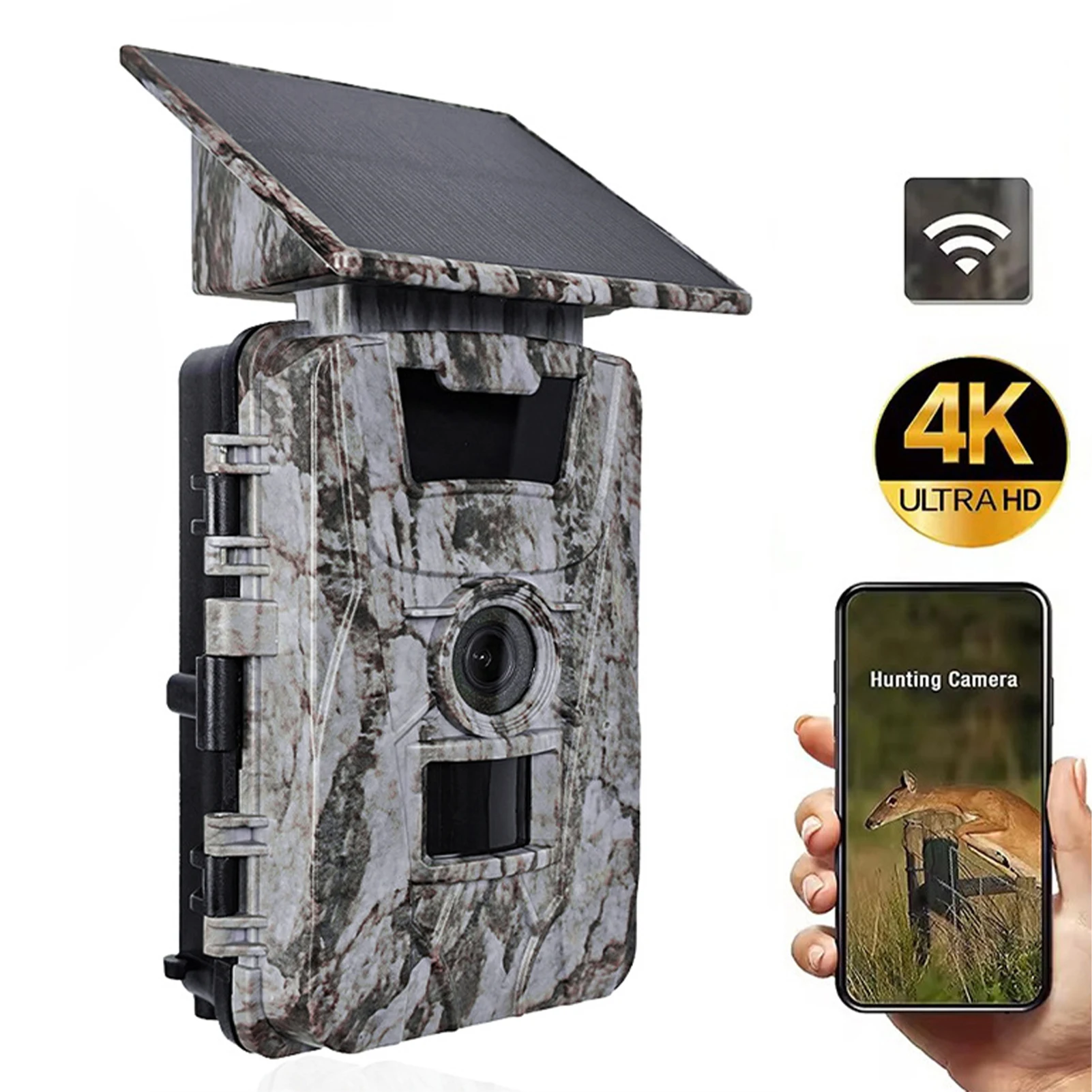 

4K 60 МП Wi-Fi камера для наблюдения за дикой природой на солнечной батарее с аккумулятором 5200 мАч, угол обзора 120° ° Широкоугольная камера IP66 с ночным видением и управлением через приложение для наблюдения за дикой природой