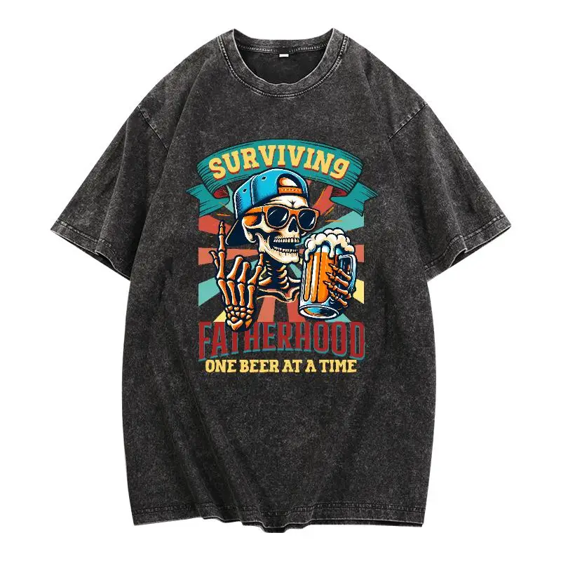 

Surviving Fatherhood Funny Skeleton T-Shirt – Retro Beer Graphic Tee for Men, Cool Dad Gift for Party & Weekend Chill