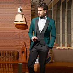 STEVDITG Luxury Wedding Men's Suits Green Jacket Black Vest Pants 3 Piece Peak Lapel Single Breasted Elegant Blazer Ropa Hombre
