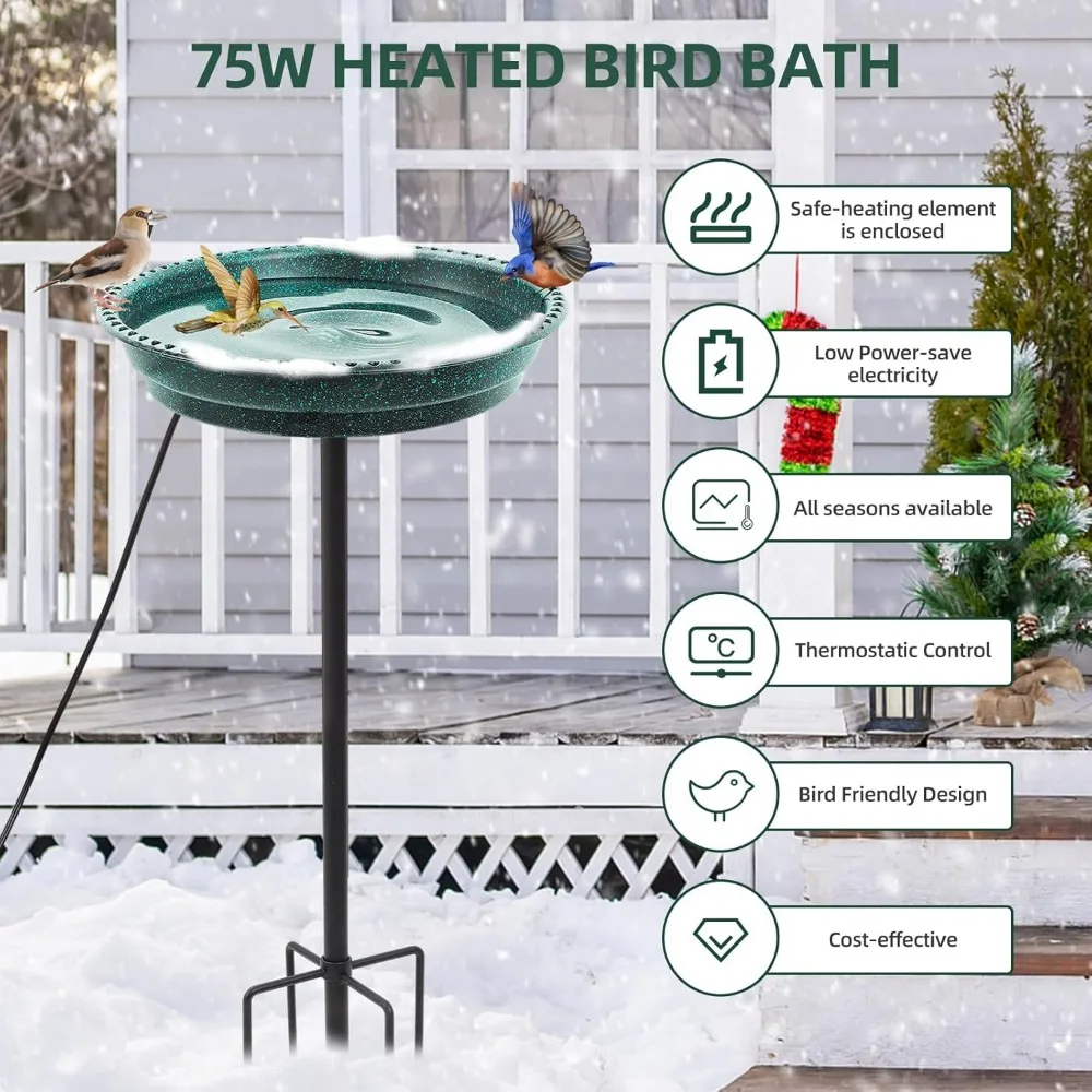 Bagno per uccelli riscaldato da 75 W con termostato, ciotola profonda e palo in metallo per tutte le stagioni - Verde
