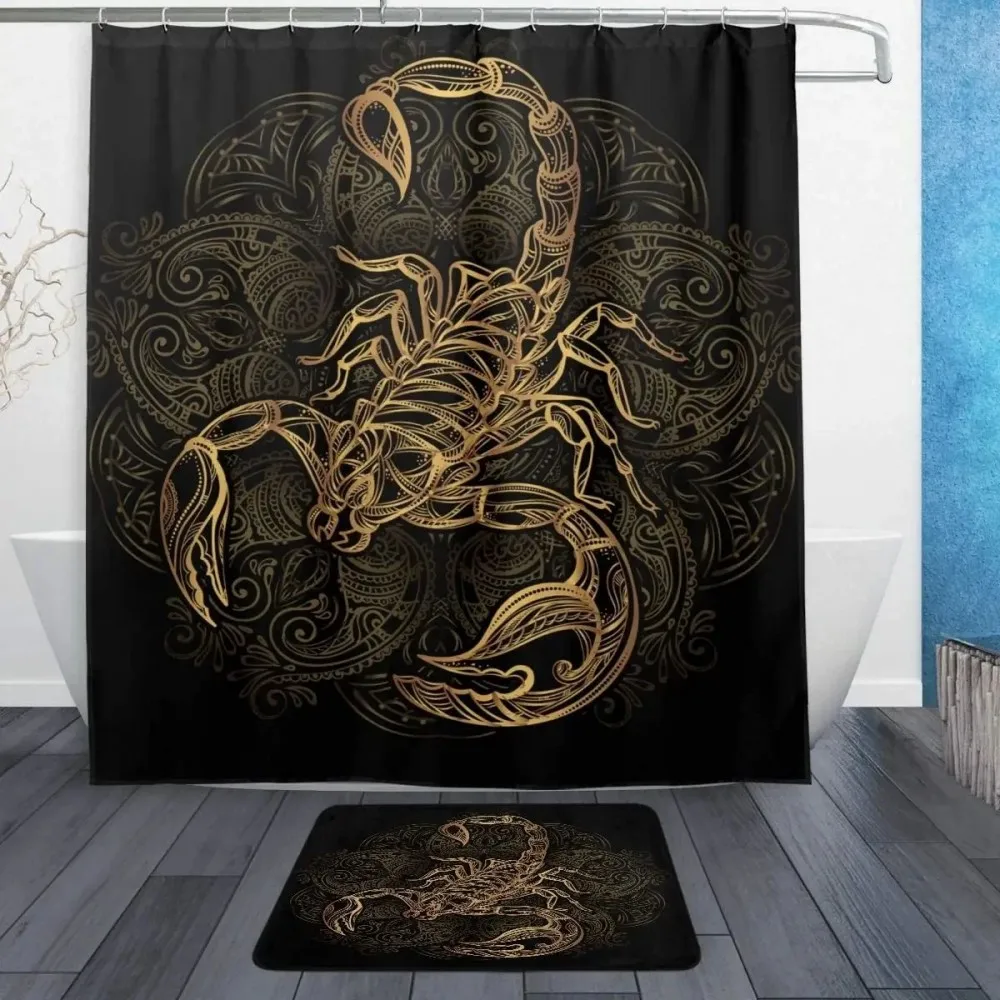 VIKAMA Duschvorhang mit Skorpion-Tattoo, wasserdicht, Polyester, Badezimmerdekoration mit Haken, moderner Gothic-Badevorhang, rutschfeste Einlage