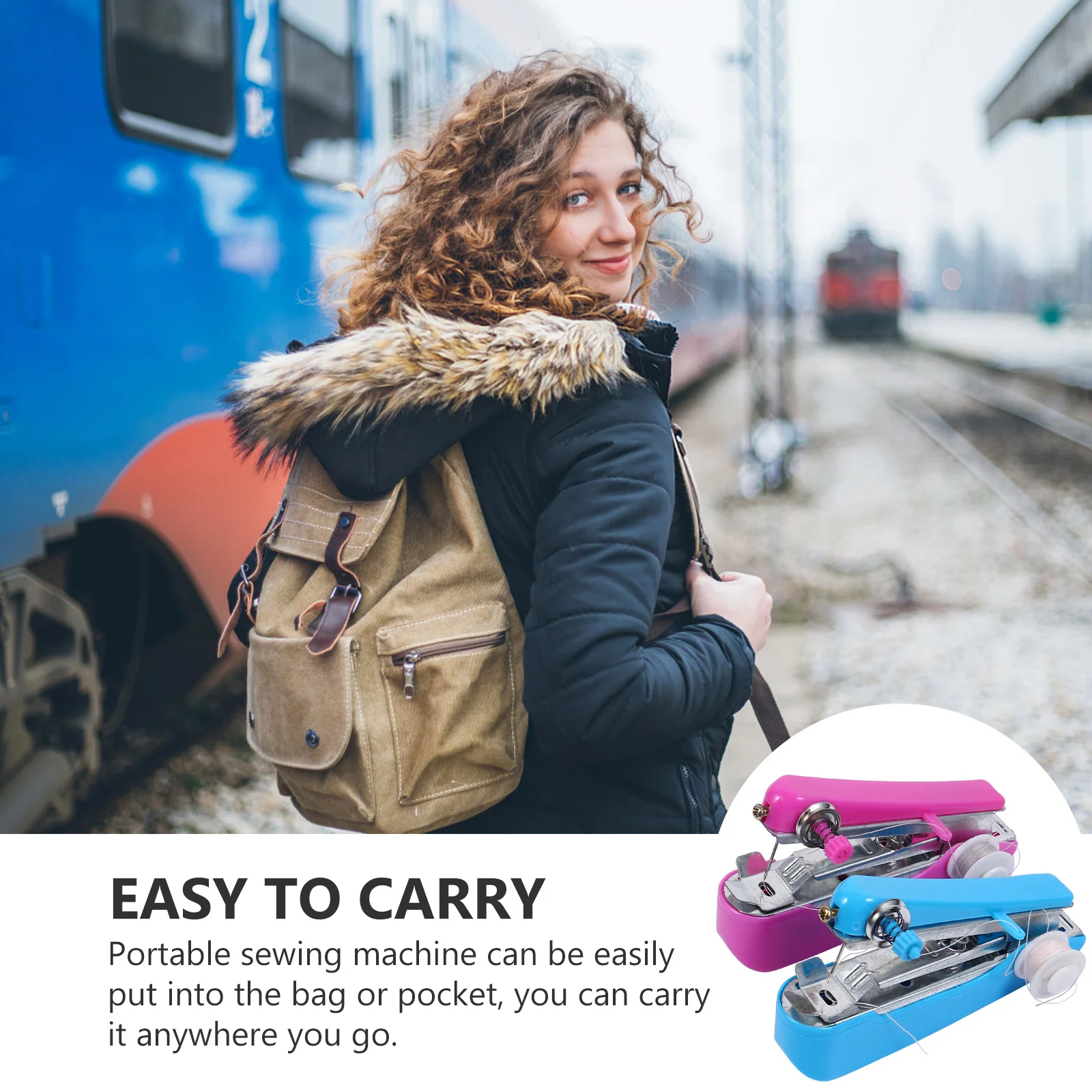 

2Pcs Mini Sewing Machine Portable Handheld Manual Lightweight Compact for Clothing Fabric Repair DIY Sewing Tool Travel Use