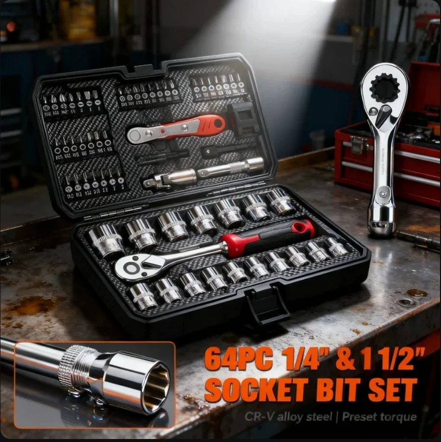 

​ ​ Hi-Spec, 64 шт., набор торцевых бит 3/8 дюйма, набор ключей с трещоткой 72-T, набор торцевых ключей CR-V, универсальный удлинитель шарнира для авторемонта