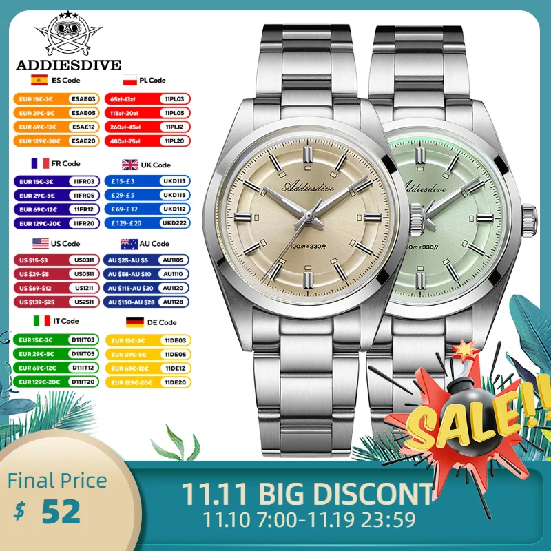 ADDIESDIVE VH31 นาฬิกาควอตซ์ 36 มม.AR เคลือบฟองแก้ว BGW9 Luminous นาฬิกาผู้ชาย 100M กันน้ํา Elegant นาฬิกา AD2515