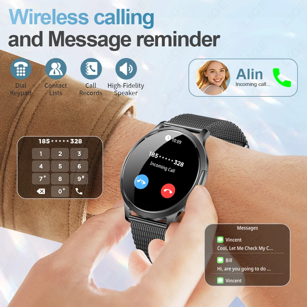 LIGE 2025, modische 1,32-Zoll-Smartwatch für Herren und Damen, AMOLED-Bildschirm, IP68, wasserdicht, Herzfrequenzmesser, Herren- und Damen-Smartwatch