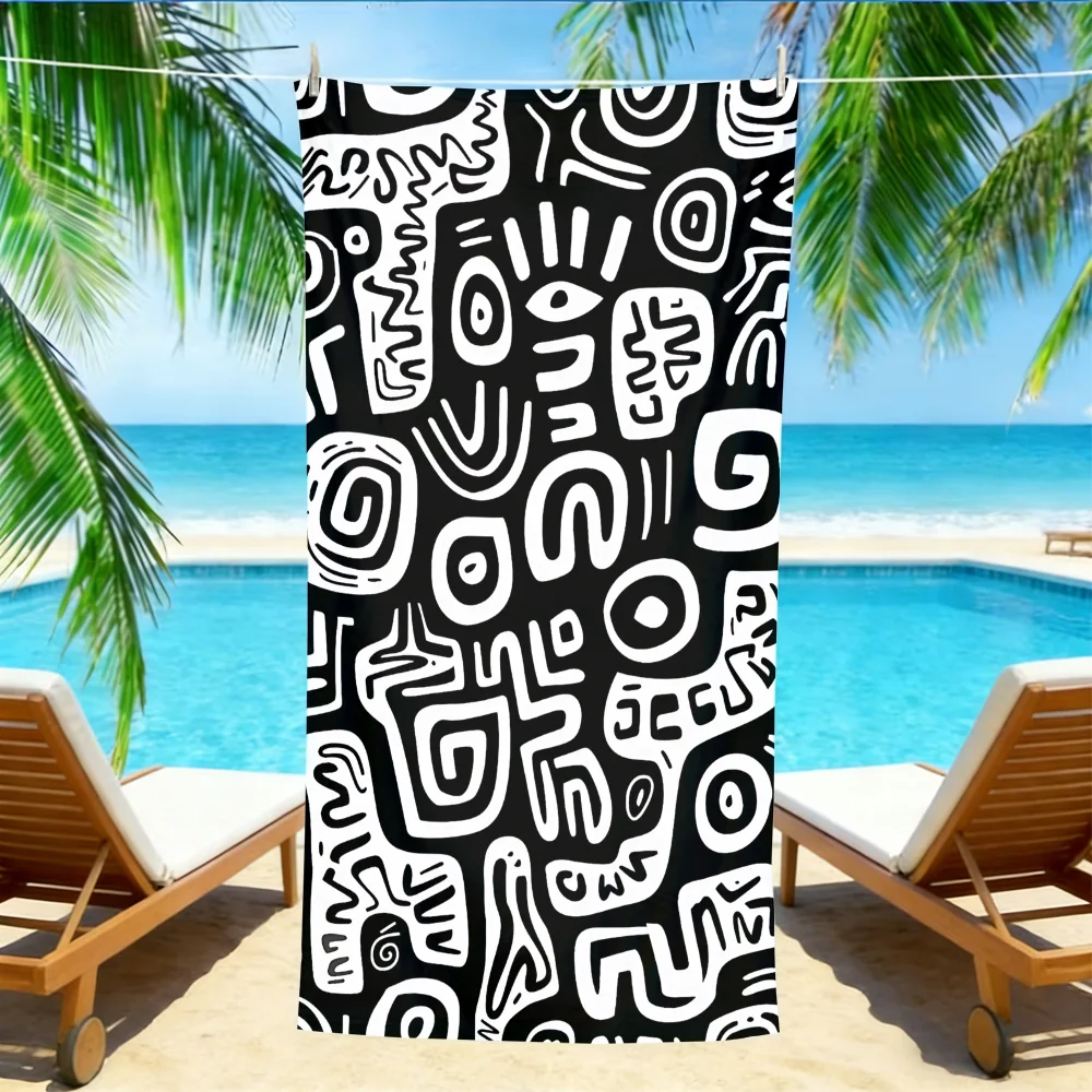 Abstract Doodle Beach Towel – Oversized Quick Dry Sand Free with Black & White Tribal Print