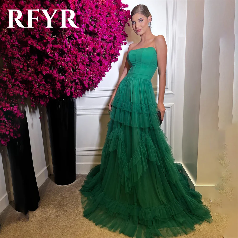 

RFYR Green A Line Elegant Wedding Party Dress Net Tiered Layer Celebrity Dress Strapless Special Occasion Dress robes du soir