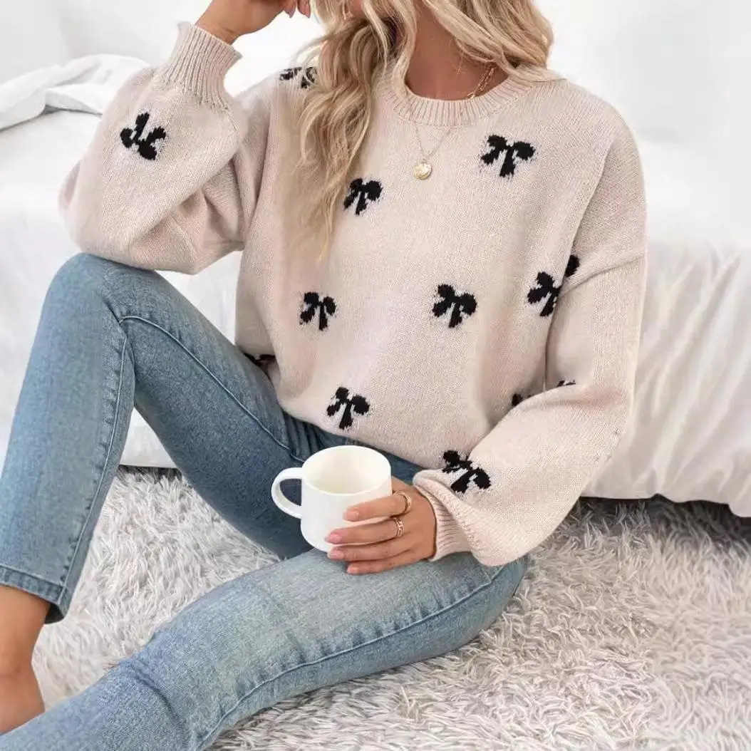 Suéter de malha feminino de design simples com nó outono Faion Fce Long Sve Crew Ne pulôver padrão de flor