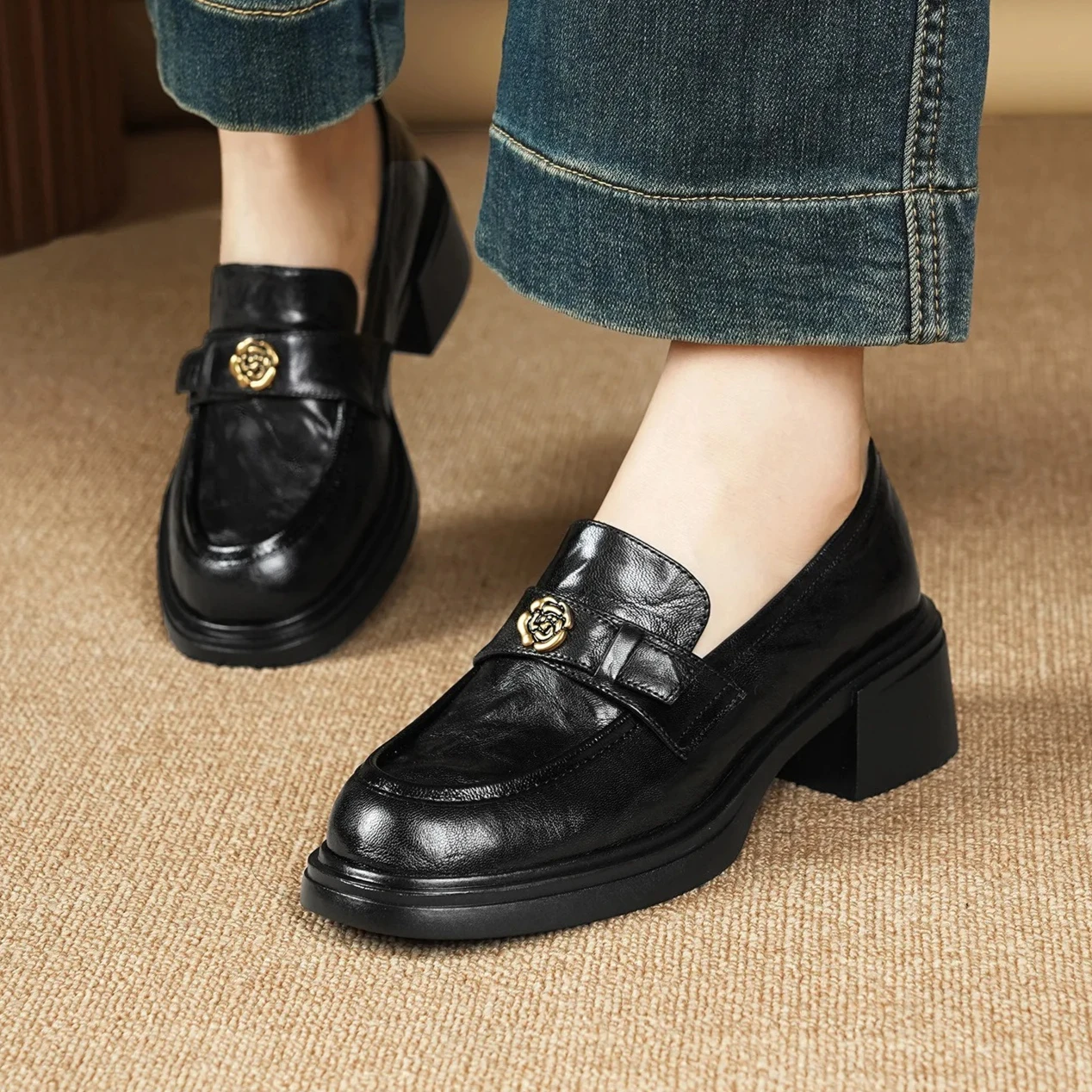 

New Women Shoes Leather Pumps Girl Chunky Heel High Heel Shoes OL Slip-on Loafers