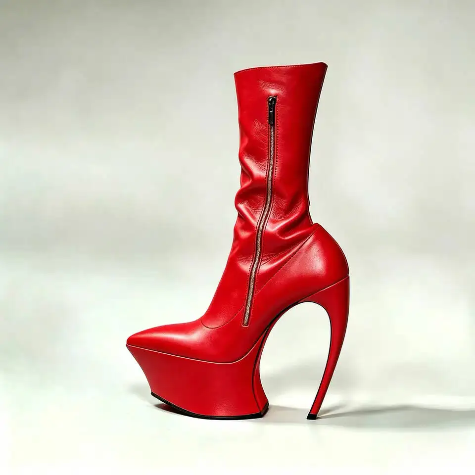 Ladies' Thick Soled Pointed Platform, High Heels, Short Boots, Party Runway, Sexy Fashion Boots, Autumn and Winter Leather Boots
