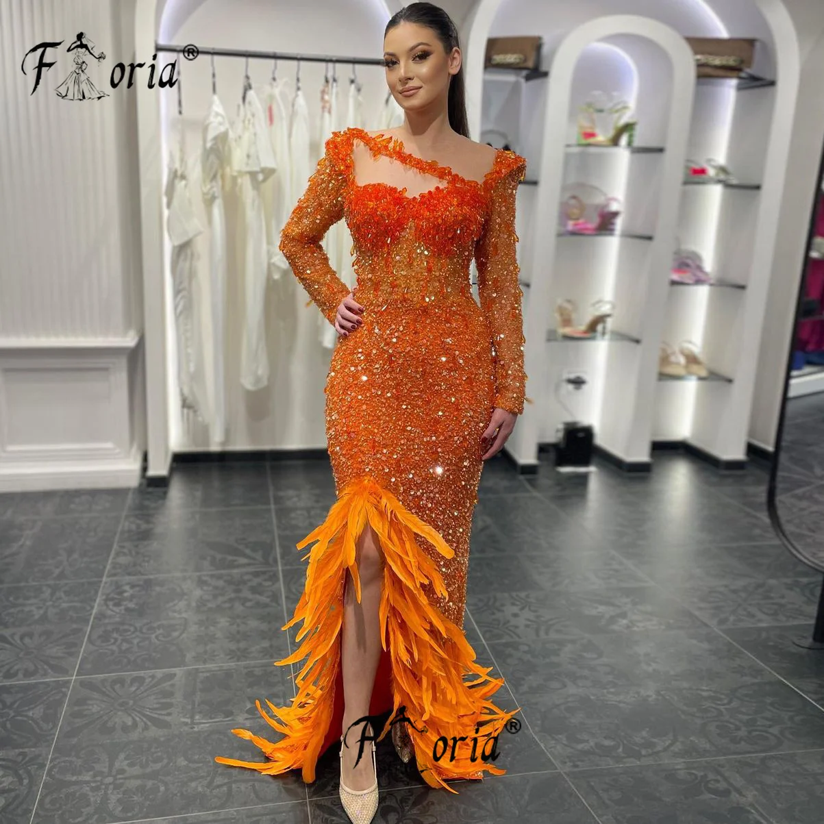 Luxury Orange Beaded Stones Mermaid Evening Dress Customized Feather Sequin Slit vestido de gala noche mujer vestidos de fiesta