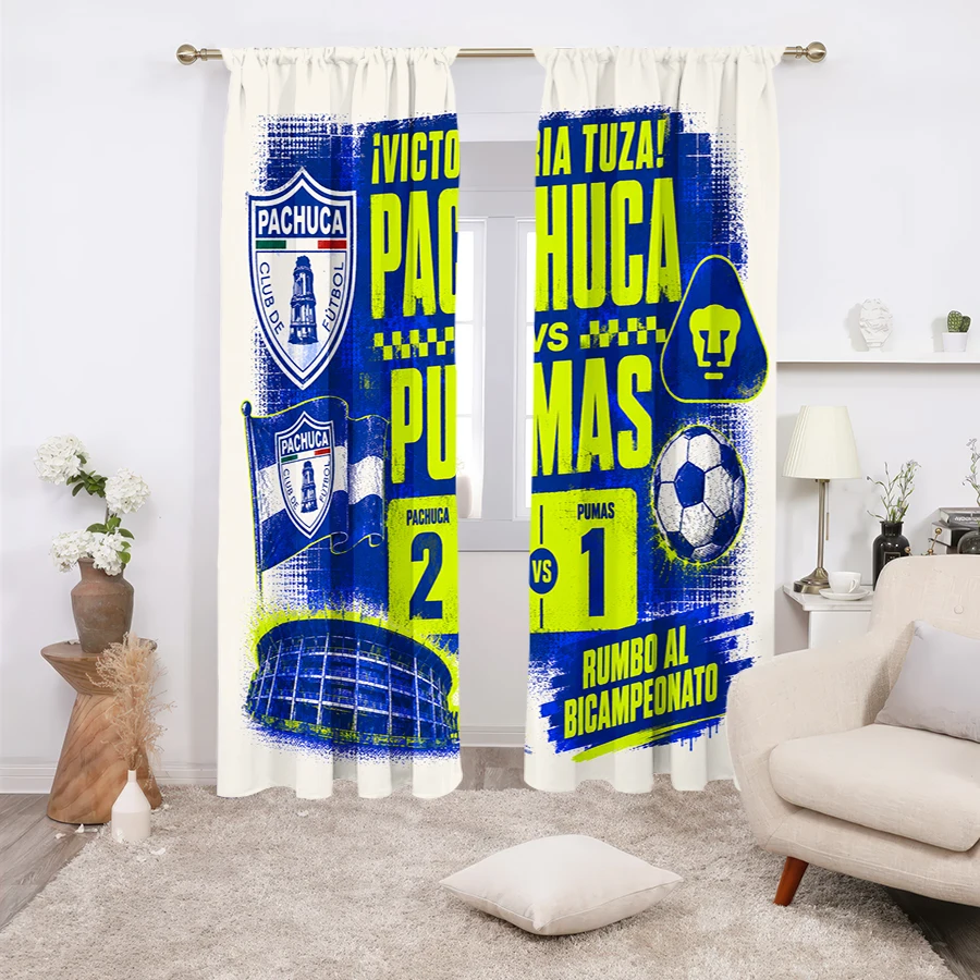 2PCS Curtains, Pachuca vs Pumas Football Match Grunge Art Print with Team Badges, Team Flag, Soccer Ball, Stadium and Final Scor