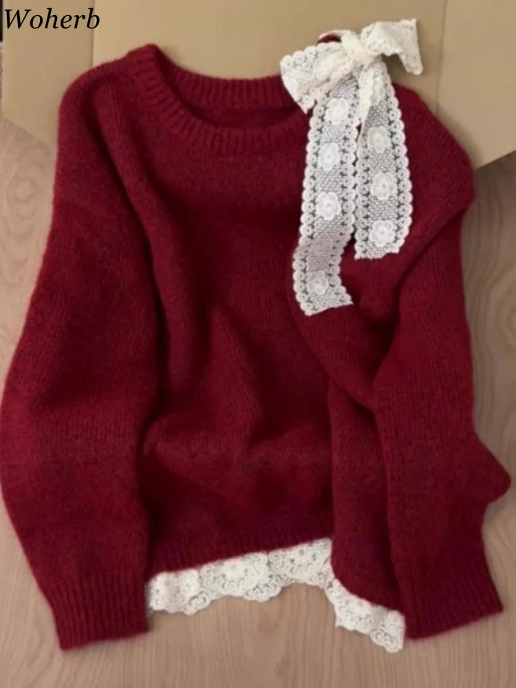 

Sweet Lace Patchwork Bow Causal Sweater 2025 Women Clothing O-neck Fashion Jumper Pull Femme Knitting Pullovers Y2k Sueter Mujer