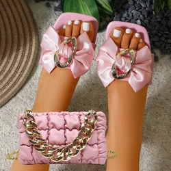 Wholesale New Designer Women And Ladies Flat Sandals And Purse Sets Metal Chain Green Fashion Beach Slippers Shoes Matching Bag