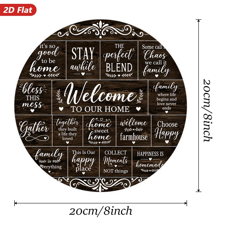 2D Flat, 1pc Farmhouse Family Quotes Round Metal Sign Wall Art, Home Decor, Welcome to Our Home, Rustic Wood Patchwork, White Sc