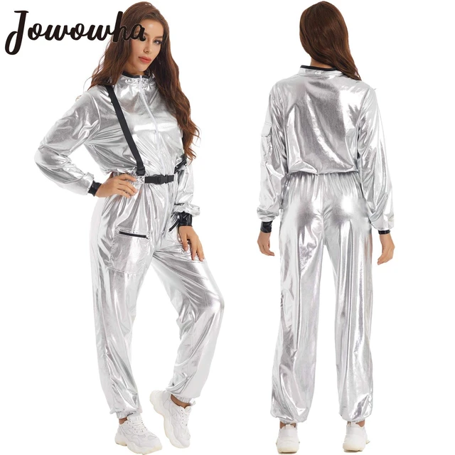 Men Women Astronaut Role Play Jumpsuits Shiny Long Sleeve Zipper Bodysuit Adult Silver Spaceman Halloween Party Dress Up Costume AliExpress 200000532