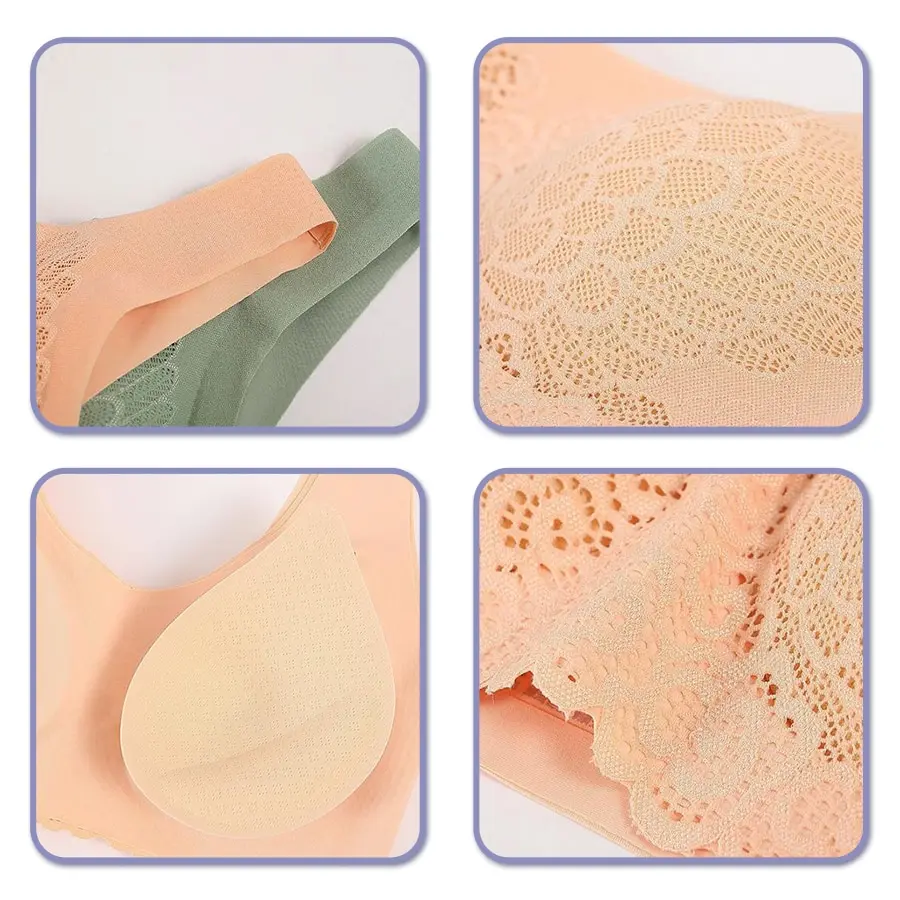 3PCS Lace Latex Bra Seamless No Steel Ring Gathering Sports Tank Top Bra Beauty Back Bra Removable Padding