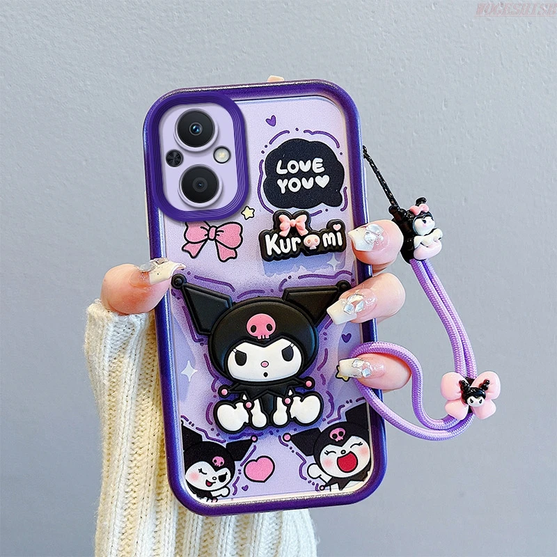 Kuromi 3D Cartoon Strawberry Bear Hand Strap Case For iPhone 15 Pro Max 14 Plus 13 12 11 X Xr Xs 8 7 6s Mini SE Cute Toy Cover