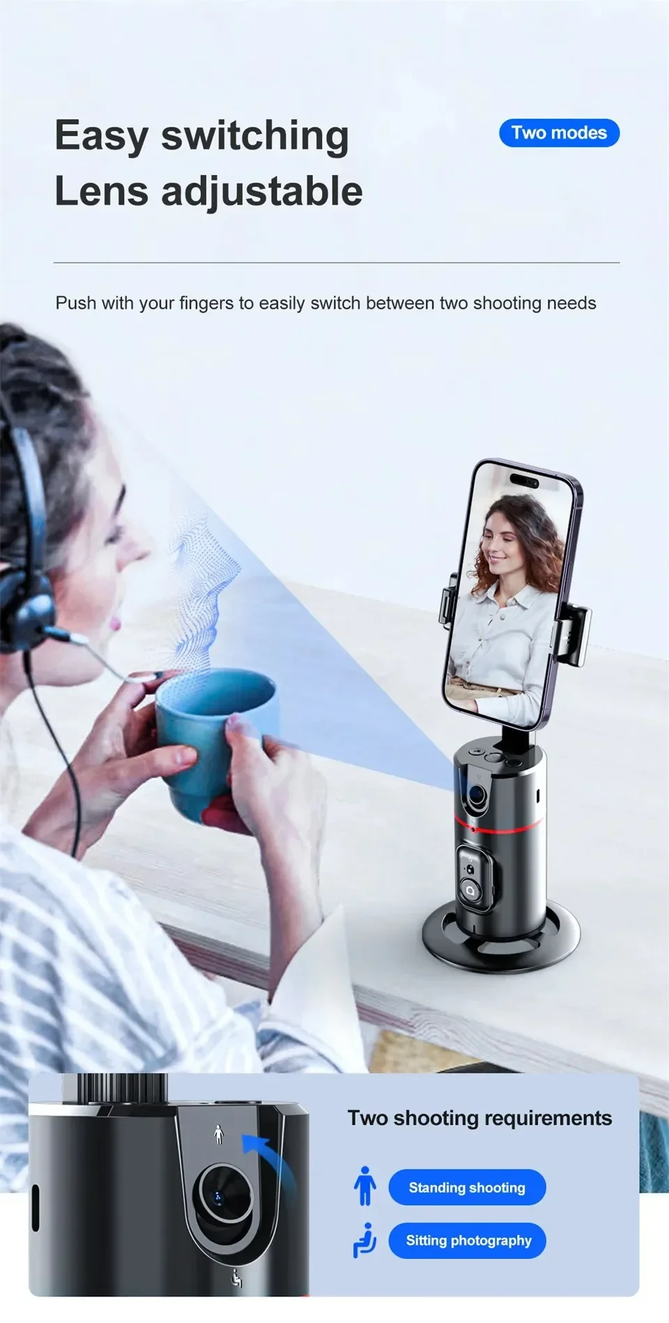 Supporto Telefono Con Tracciamento Automatico Del Volto A 360° - Treppiede Selfie Con Controllo Gesti, Batteria 1200mAh, Universale Per IPhone/Android/Tablet - 2