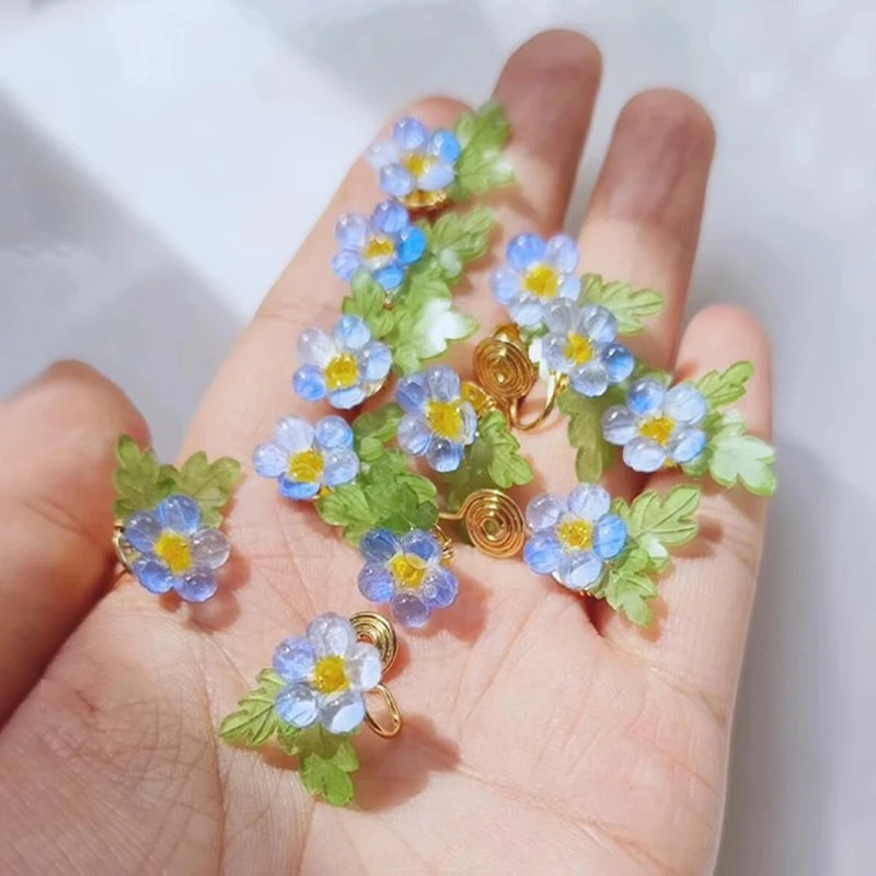 

1pair Compact Earring Like A Breath of Fresh Air Blue and White Flower and Leaf Earrings Ear Studs Girl Simple Earrings