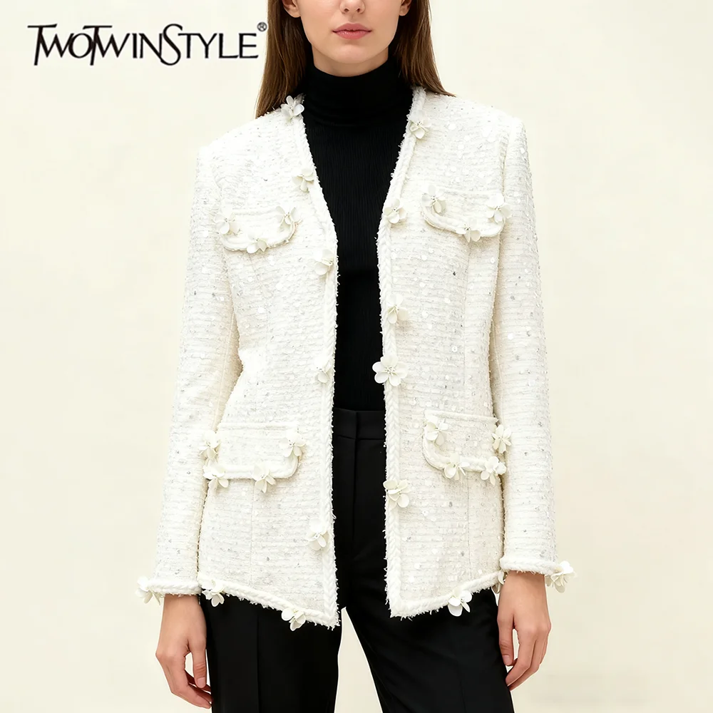 

TWOTWINSTYLE однотонные модные пальто с аппликацией для женщин, элегантное пальто с v-образным вырезом и длинными рукавами в стиле пэчворк и блестками, женская одежда