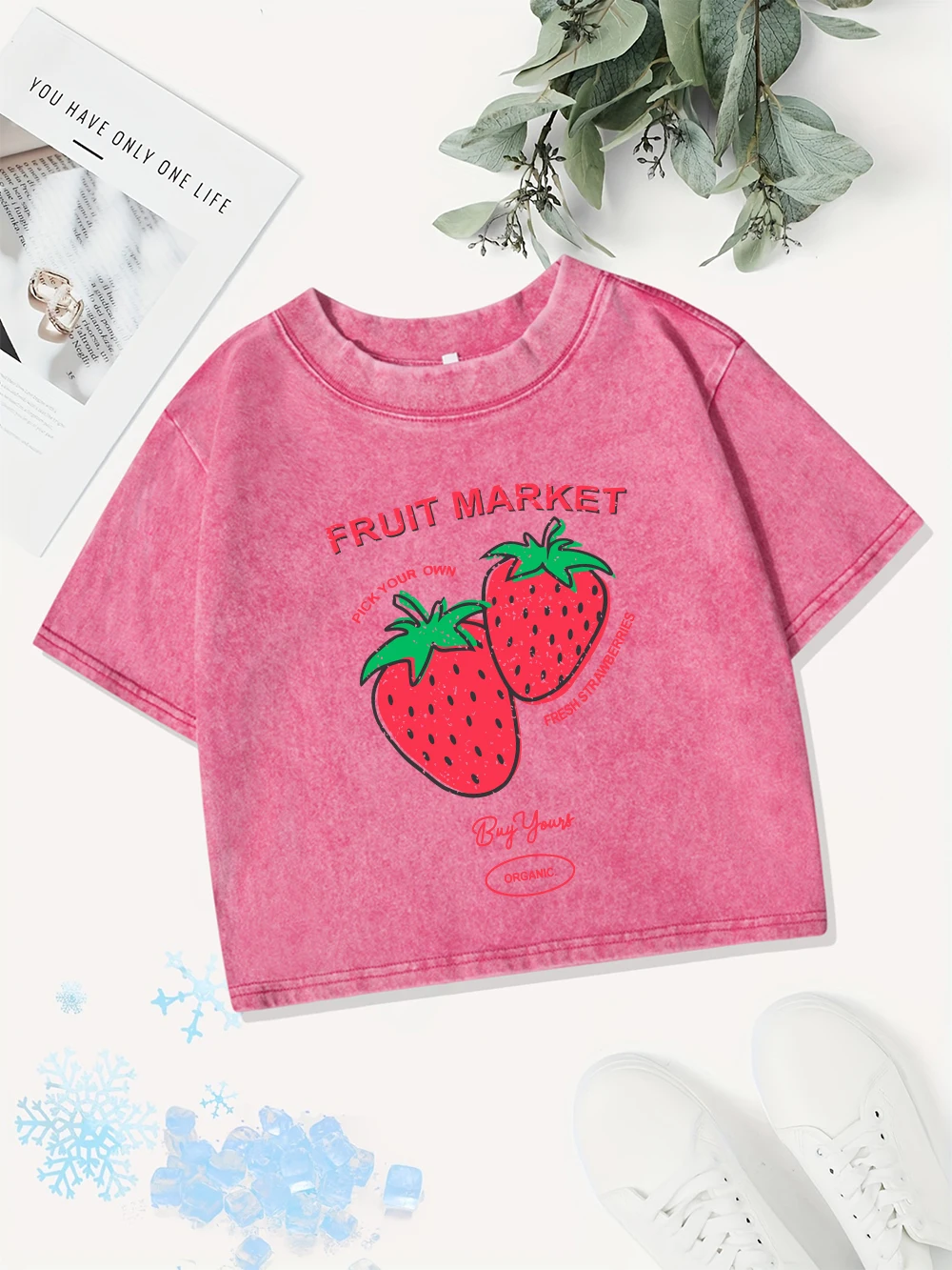 Casual Cotton Crop Tops Women Fruit Market Fresh Strawberries Prints Washed T-Shirt Y2K Regular Fit O-Neck Tees Summer Clothes