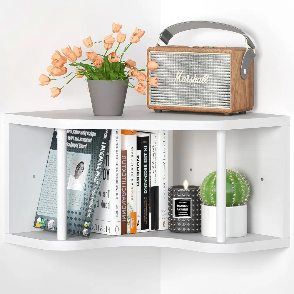 

White Corner Floating Shelf Wall Mounted, Pine Wood Shelves 90° Corner Floating Cabinet Shelf for Wall