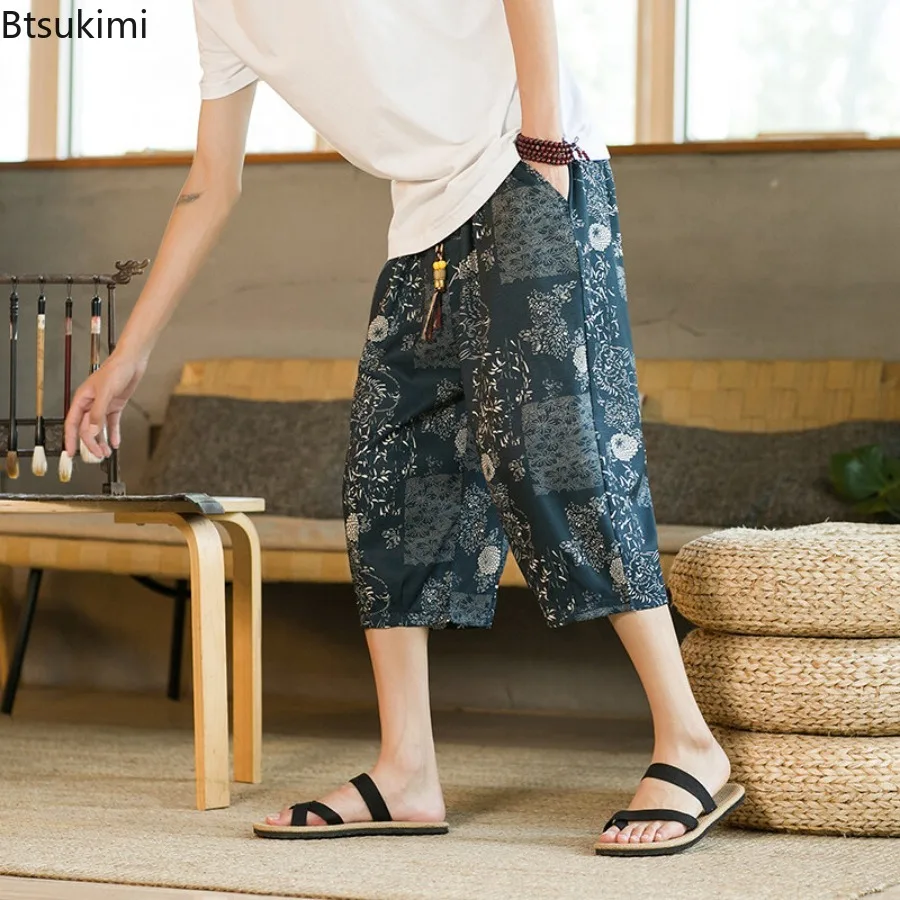 Chinese Style New Men's Retro Trend Casual Cropped Pants Summer Male Loose Oversized Wide Leg Floral Pants Fashion Men Clothing
