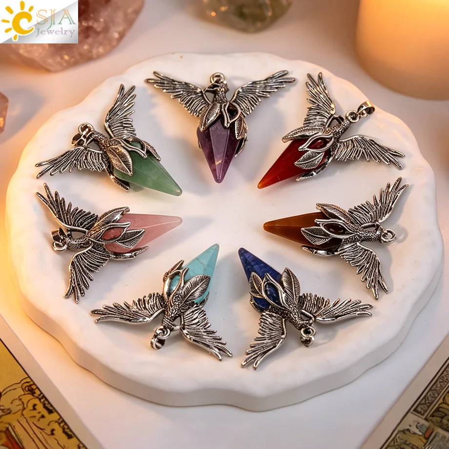 CSJA Phoenix Natural Stone Crystal Pendant Necklace Reiki Amethyst Pink Quartz Tiger Eye Lapis Lazuli Angel Wing Pendant H924