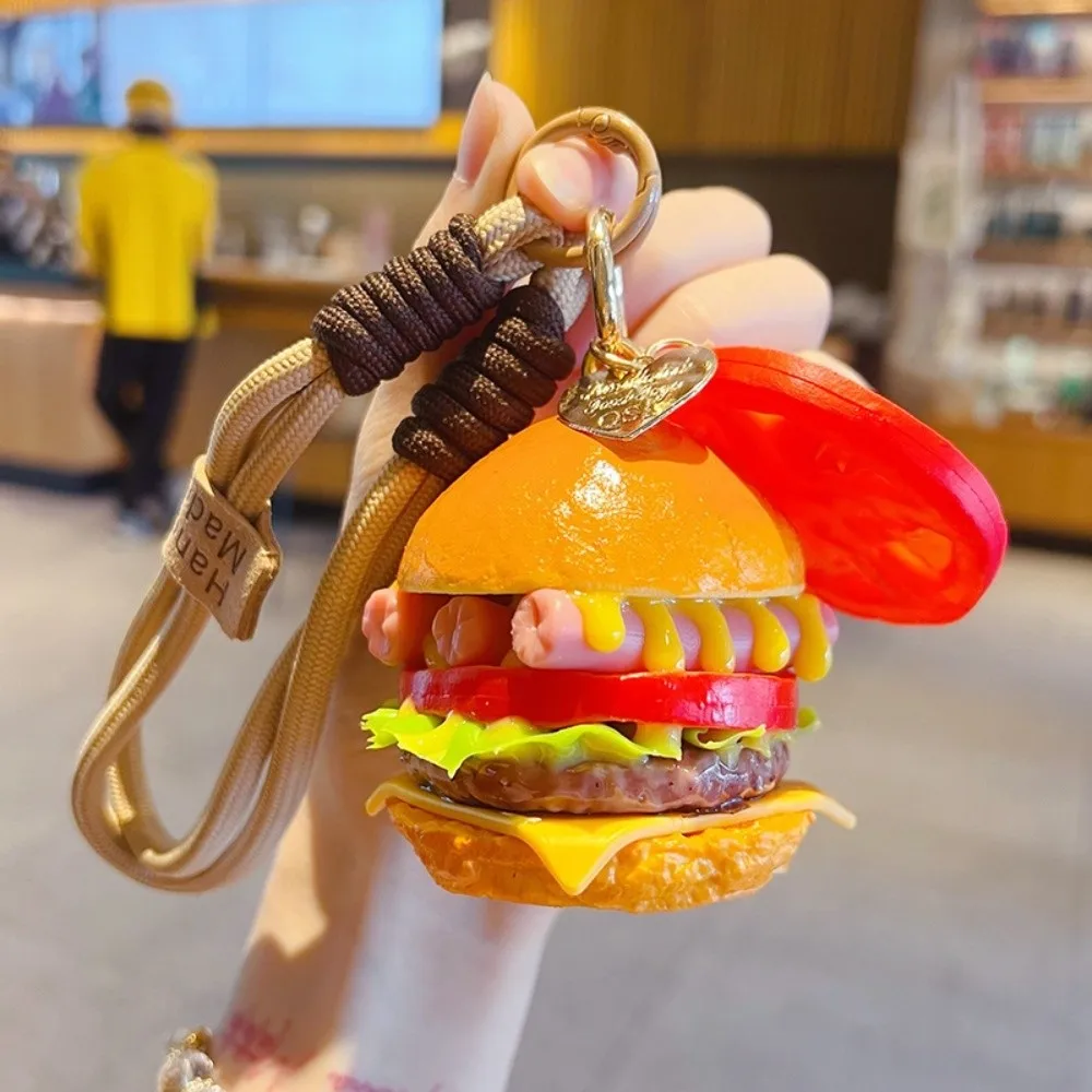 Realistic Hamburger Squishy Keychain PVC Mini-size Simulation Hamburger Keyring Cartoon Double-layer Beef Hamburger