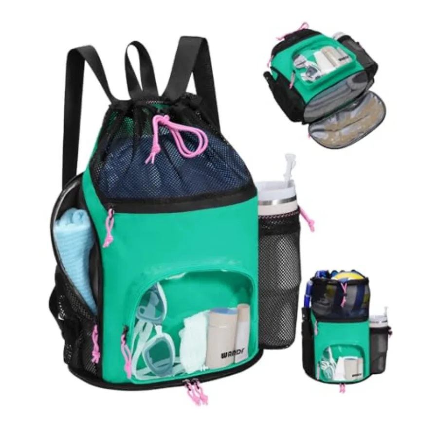 Swim Bag with Wet Pockets, Sandproof Beach Backpack with 40oz Tumbler Side Pockets, Mesh Drawstring Backpack Swim Bag for Swimm