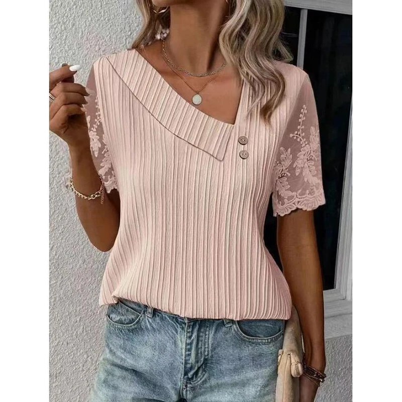 Women\'s Casual Skew Collar Lace Short Sleeve T-shirt, Simple Buttons Loose Shirts, Elegant Blouses, Summer