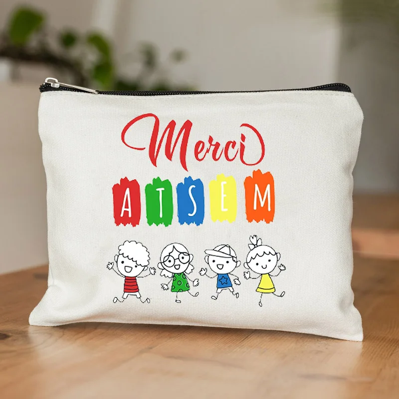 Sac de maquillage en toile Merci ATSEM pour professeur de français, pochette de rangement colorée à fermeture éclair, cadeau de remerciement pour le personnel de la crèche, usage quotidien