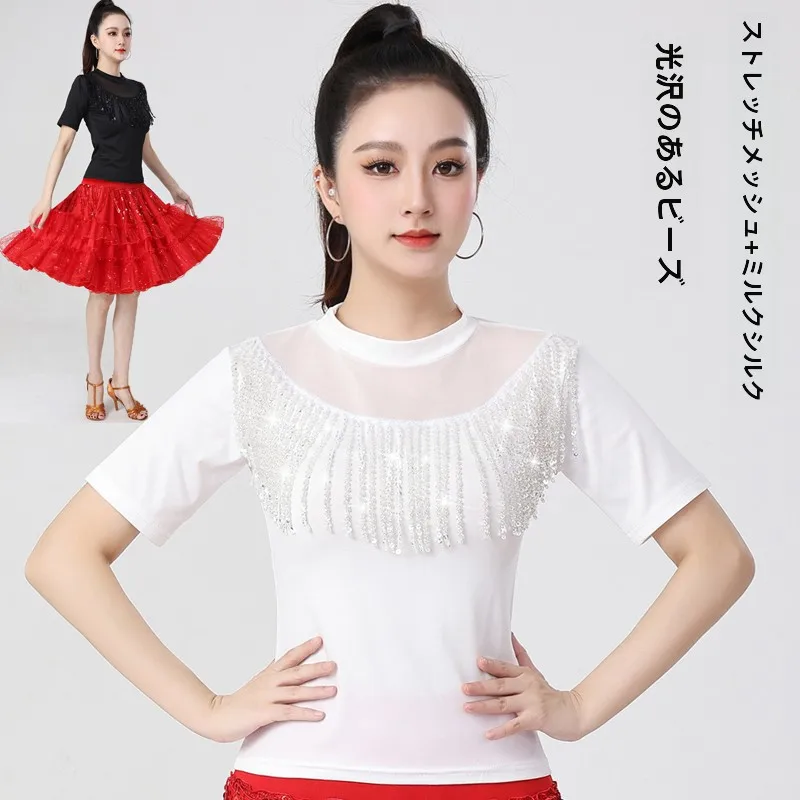 haut-perle-pour-danse-latine-col-rond-manches-courtes-performance-de-danse-moderne-en-soie-de-lait-tenue-de-danse-gitterba-danse-carree-pour-femme