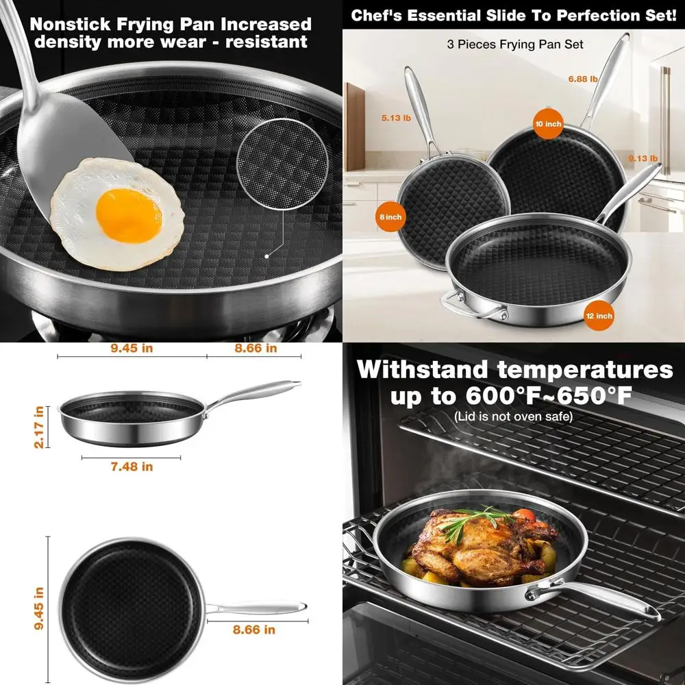 

8-10 Inch Ceramic Coated Non-Stick Stainless Steel Pan Set with Lids, Dishwasher & Oven Safe, Cool-Touch Handles