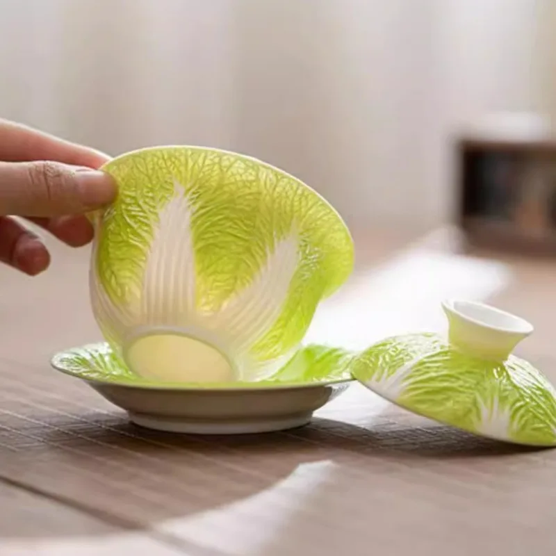 لحم الضأن الدهون اليشم الخزف باي كاي Gaiwan الأبيض طقم شاي سيراميك الإبداعية المنزل استخدام الملفوف تصميم الكونغ فو كوب تخمير مع غطاء