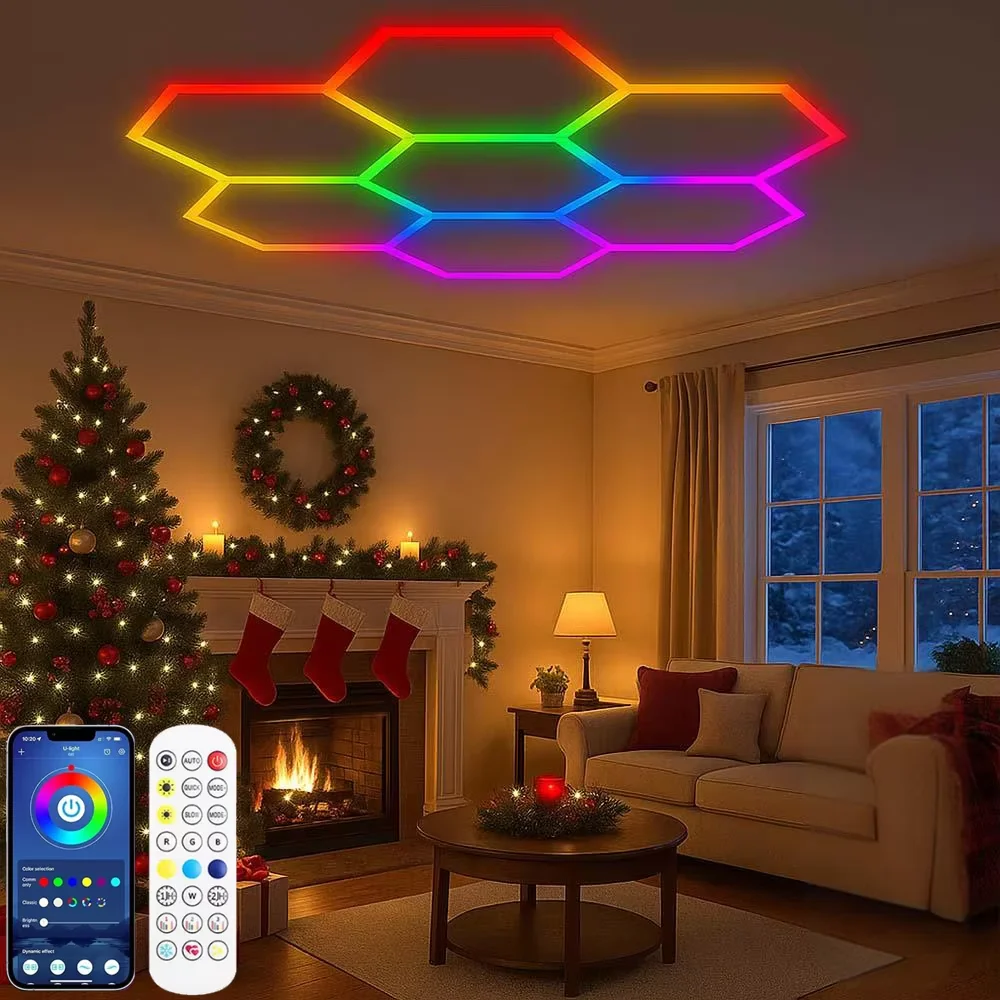Christmas home LED lights with multi color honeycomb hexagonal RGB lights, equipped with a mobile app and remote control