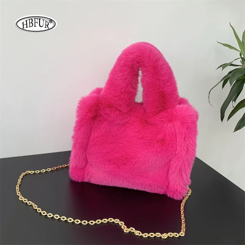 Fuzzy Pink Faux Fur Handbag Plush Square Shoulder Bags 2024 Winter Women\'s Crossbody Bag For Ladies Female Fluffy Handbags Purse